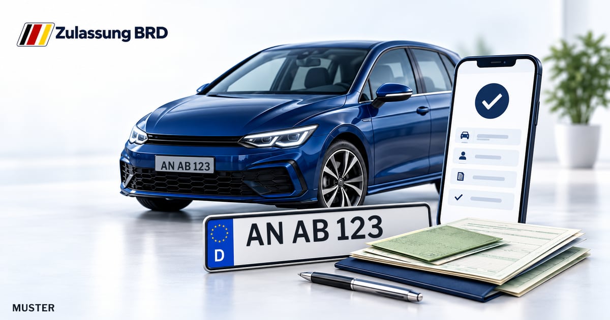 Online Fahrzeugzulassung in Landkreis Ansbach: Musterkennzeichen AN AB 123, Auto und Fahrzeugpapiere und Smartphone. Illustration mit Logo von Zulassung BRD.